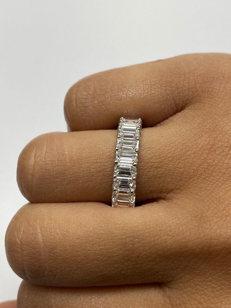 3C Emerald Cut Lab Created Full Eternity Wedding Band Ring 14k White Gold Plated