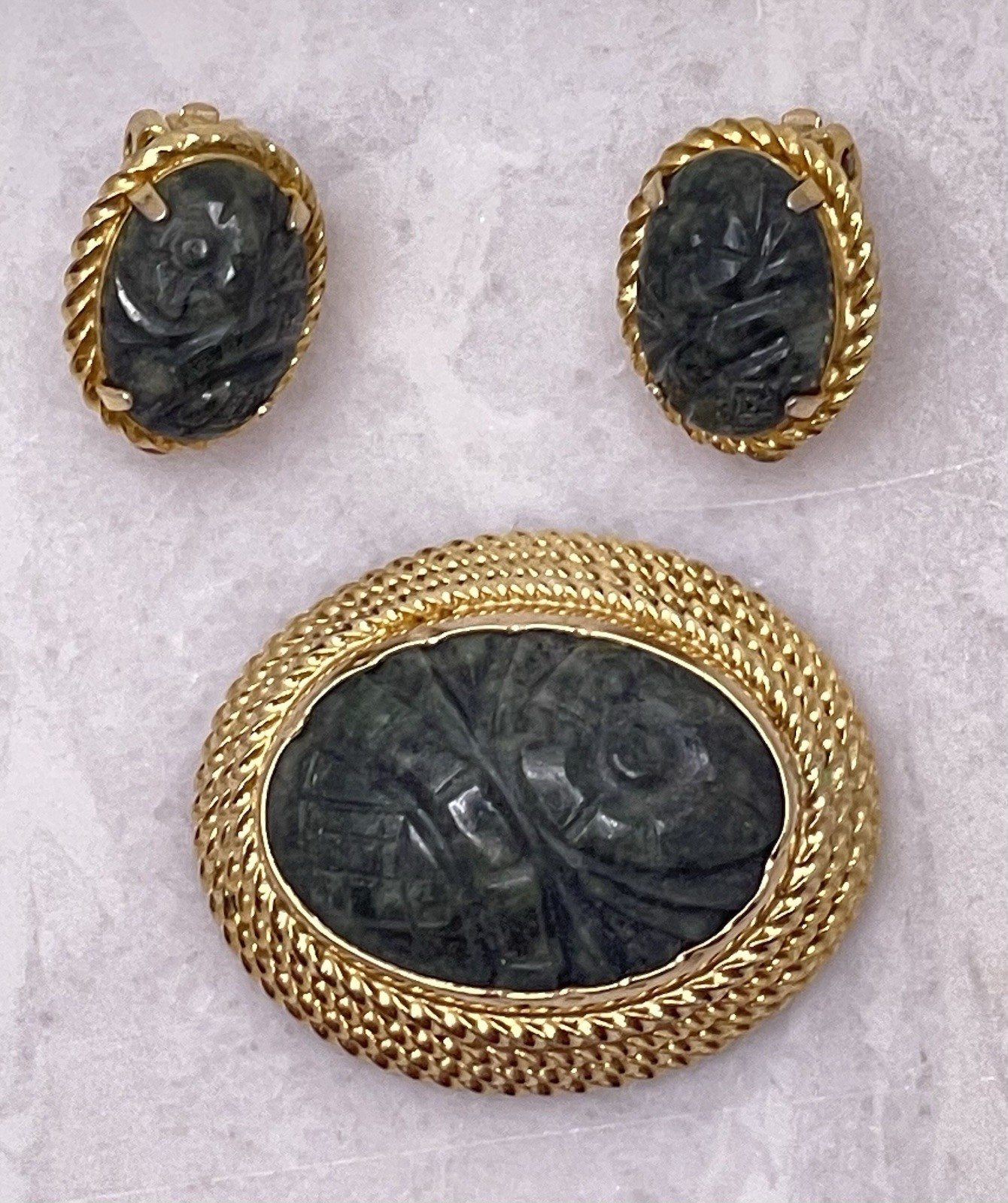 Vintage Burt Cassell Brooch Clip Earrings 12K Gold Filled Carved Green Stone
