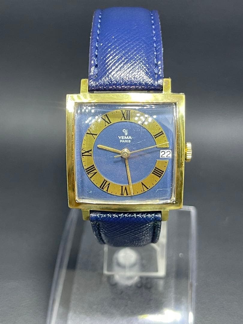 YEMA Paris Square Manual Wind Watch Blue Dial Date From Japan