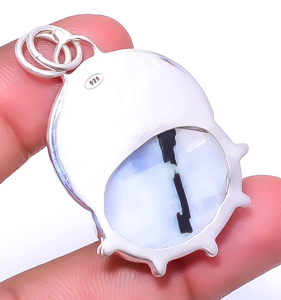 Rainbow Moonstone With Black Tourmaline 925 Sterling Silver Pendant 1.95″ P54_46