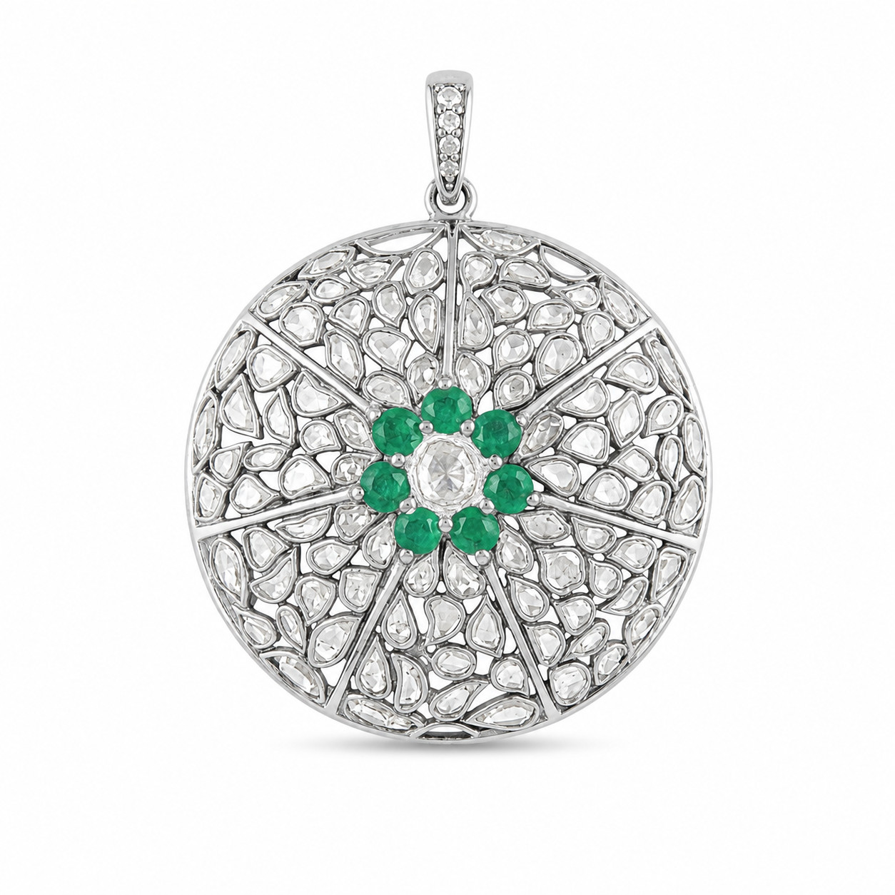 925 Sterling Silver Emerald Polki Pendant Black Rhodium Vintage Floral Pendant