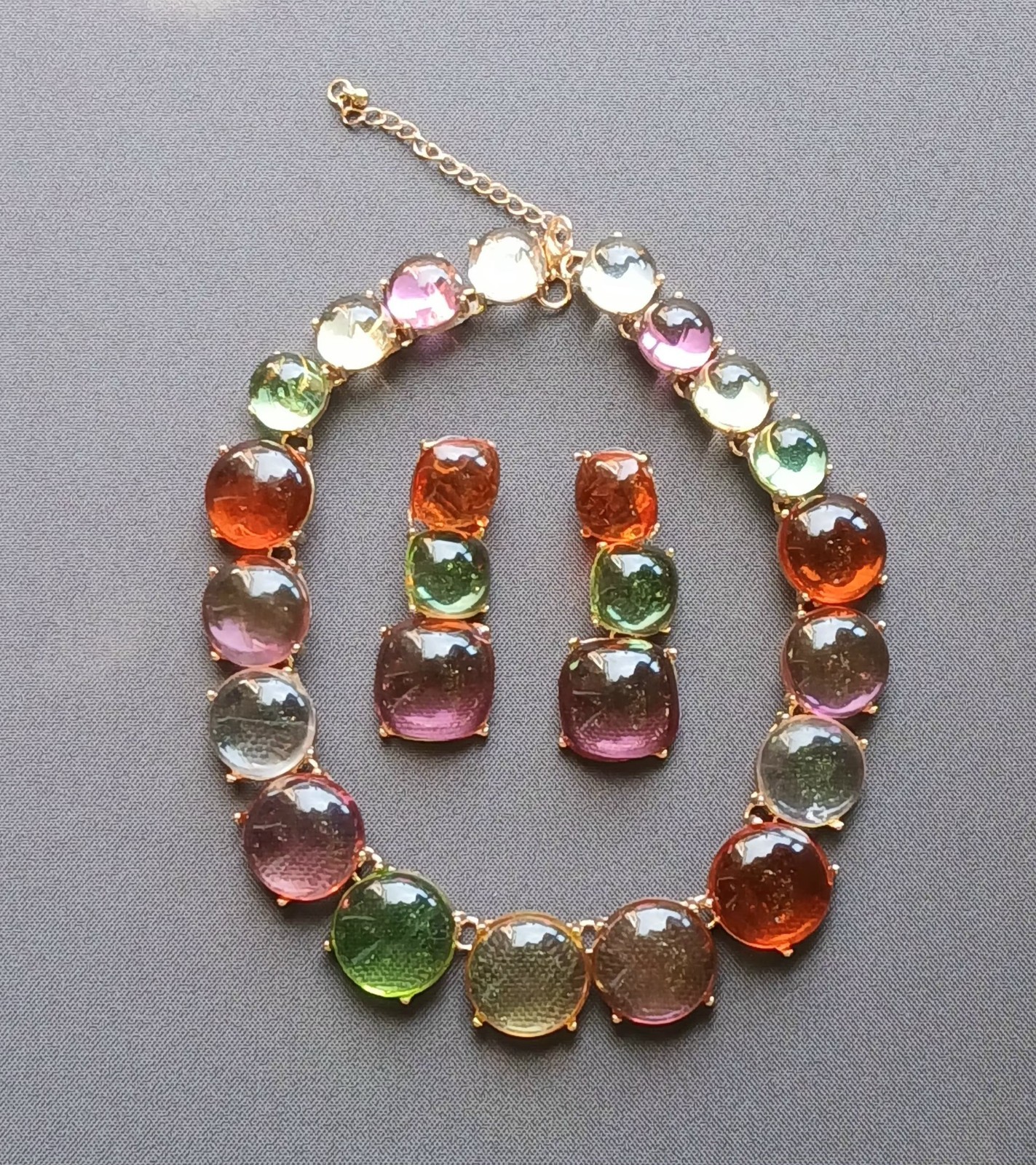 Multicolor Jelly Resin Statement Necklace & Earrings Set Gold Tone Chunky Set
