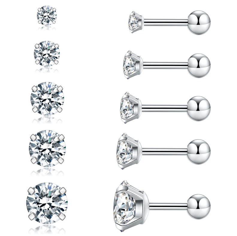 2Pcs Surgical Stainless Steel Round CZ Earrings Screw Back Ear Studs Men Women