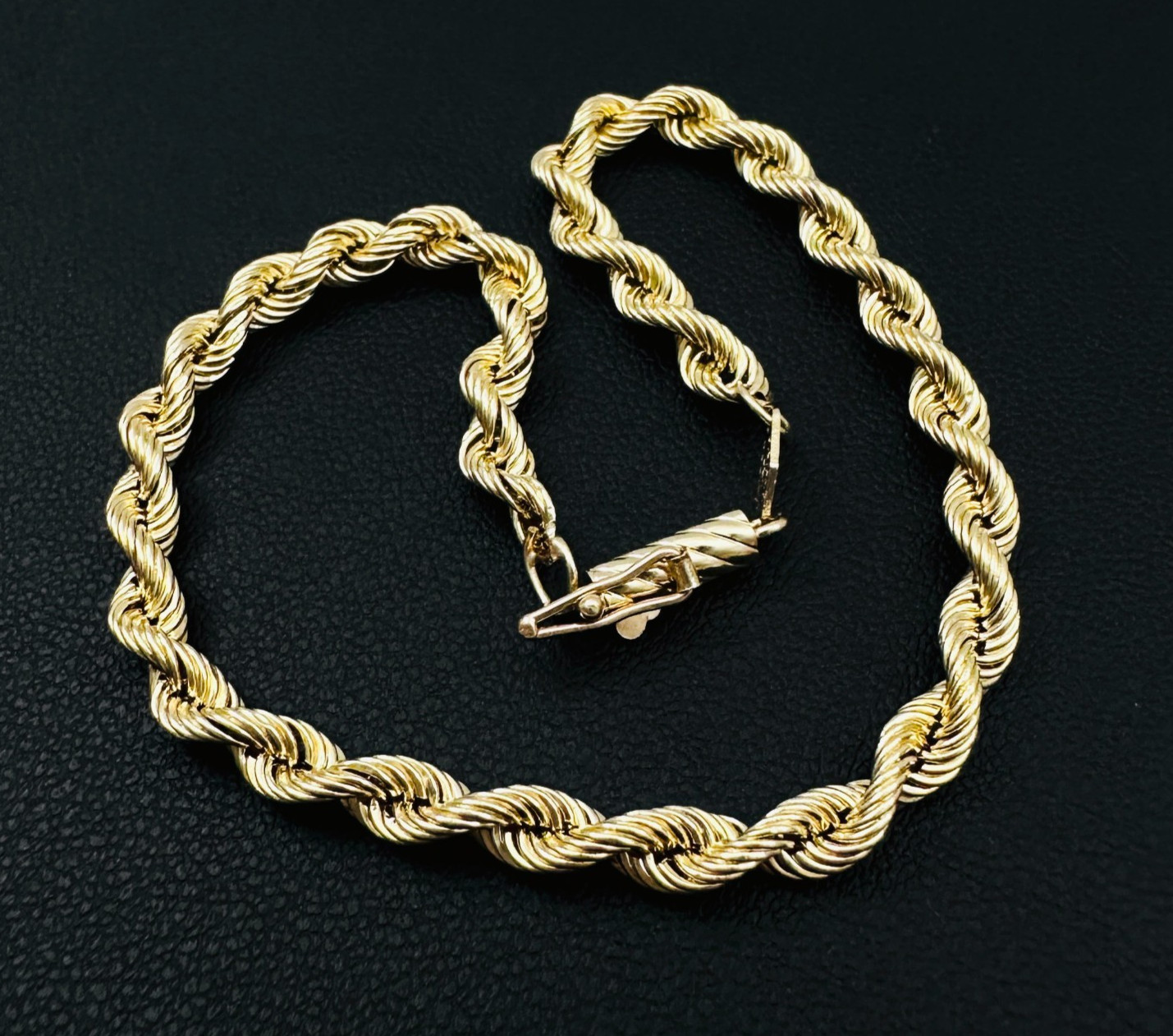 Solid 14K Yellow Gold Classic Rope Link Bracelet w/Safety Latch 3.7mm, 8″, 2.2g