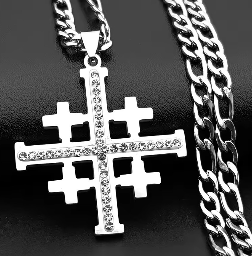 Stainless Steel Jerusalem Cross pendant with Rhinestones + 60cm (23.7in) chain