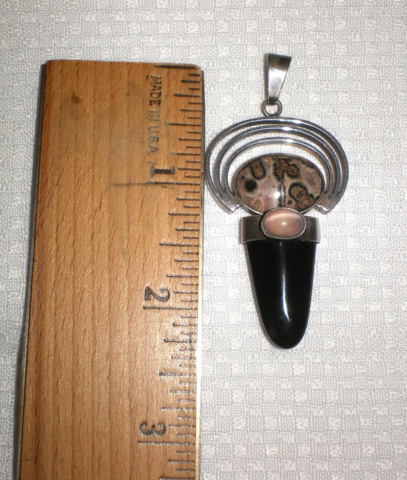 Vintage 925 Sterling Silver Jasper, Rose Quartz & Onyx Pendant 13.0 gram ~ 2.25″