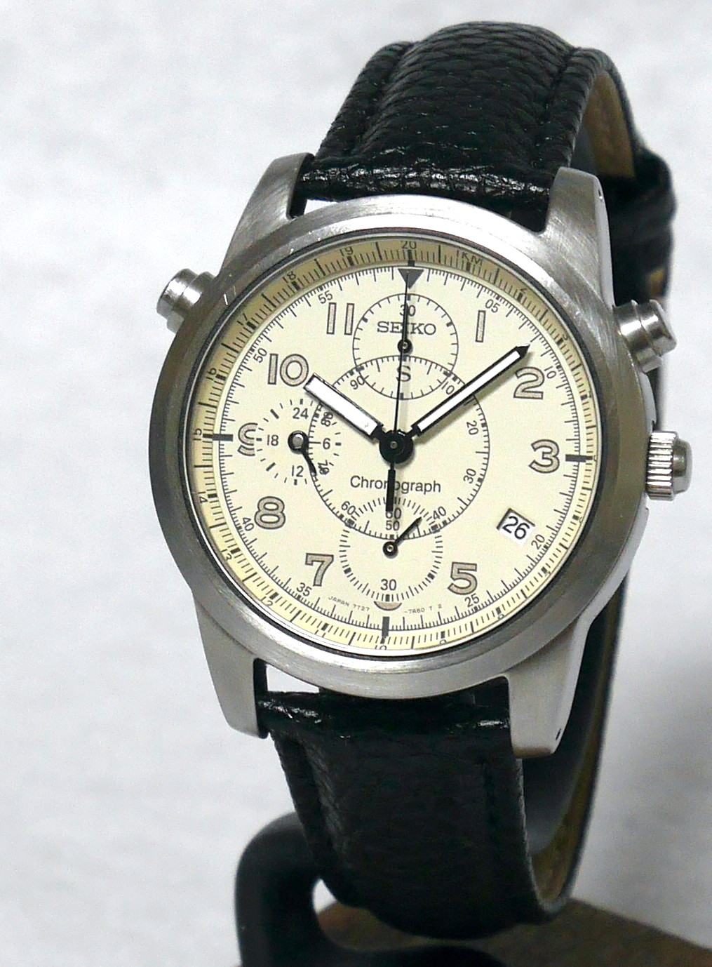 SEIKO SUS Military Watch 7T27 1995 White Pilot Chronograph Date indicator Japan