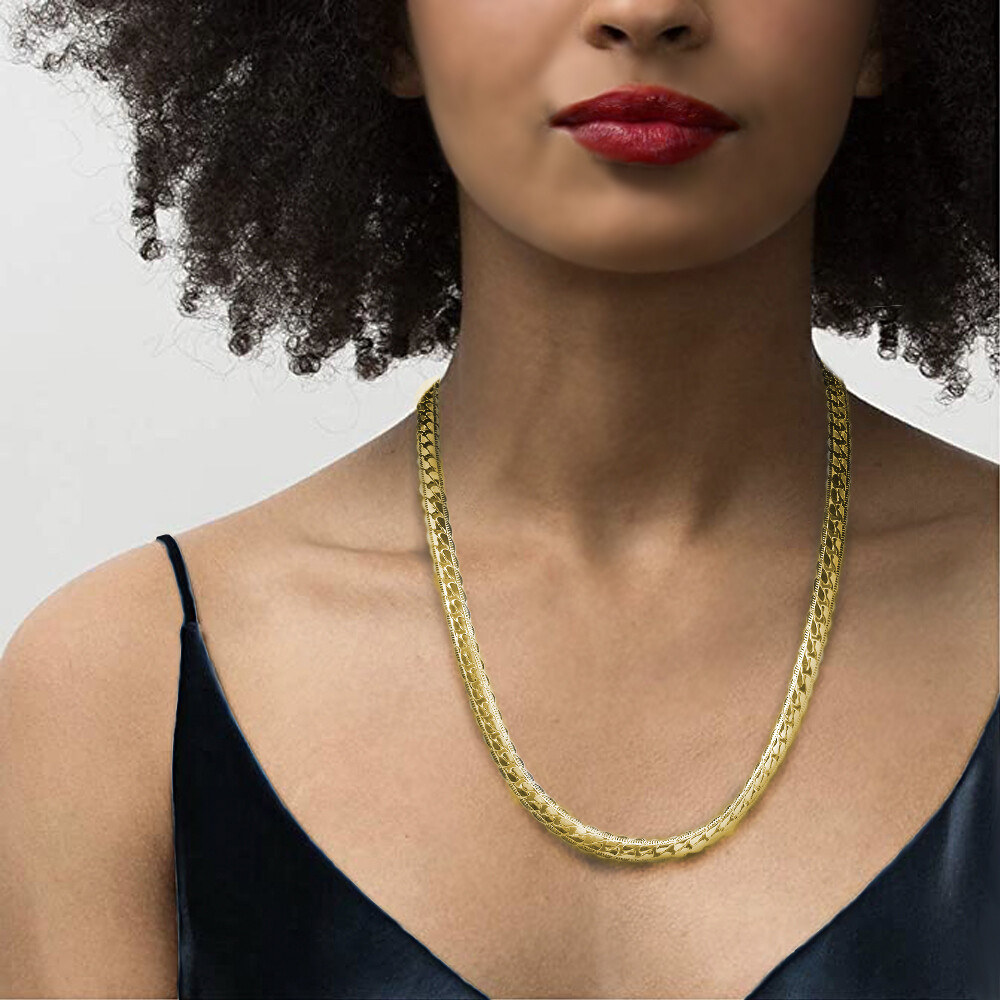 REAL Solid 925 Silver 14k Gold Plated Flat Cuban Link Chain Necklace 6mm