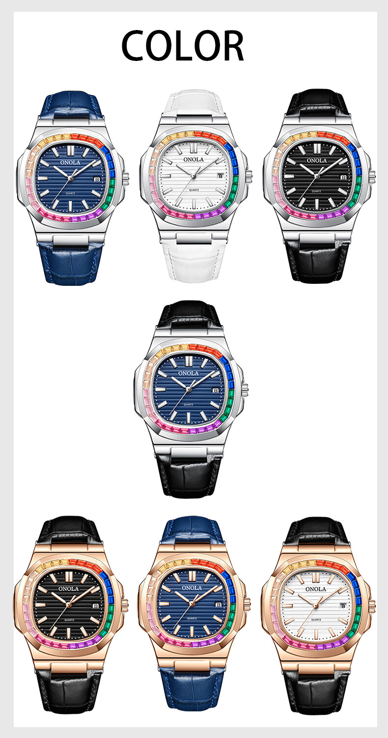 ONOLA Rainbow Leather Casual Business Calendar Waterproof Luminous Quartz Watch