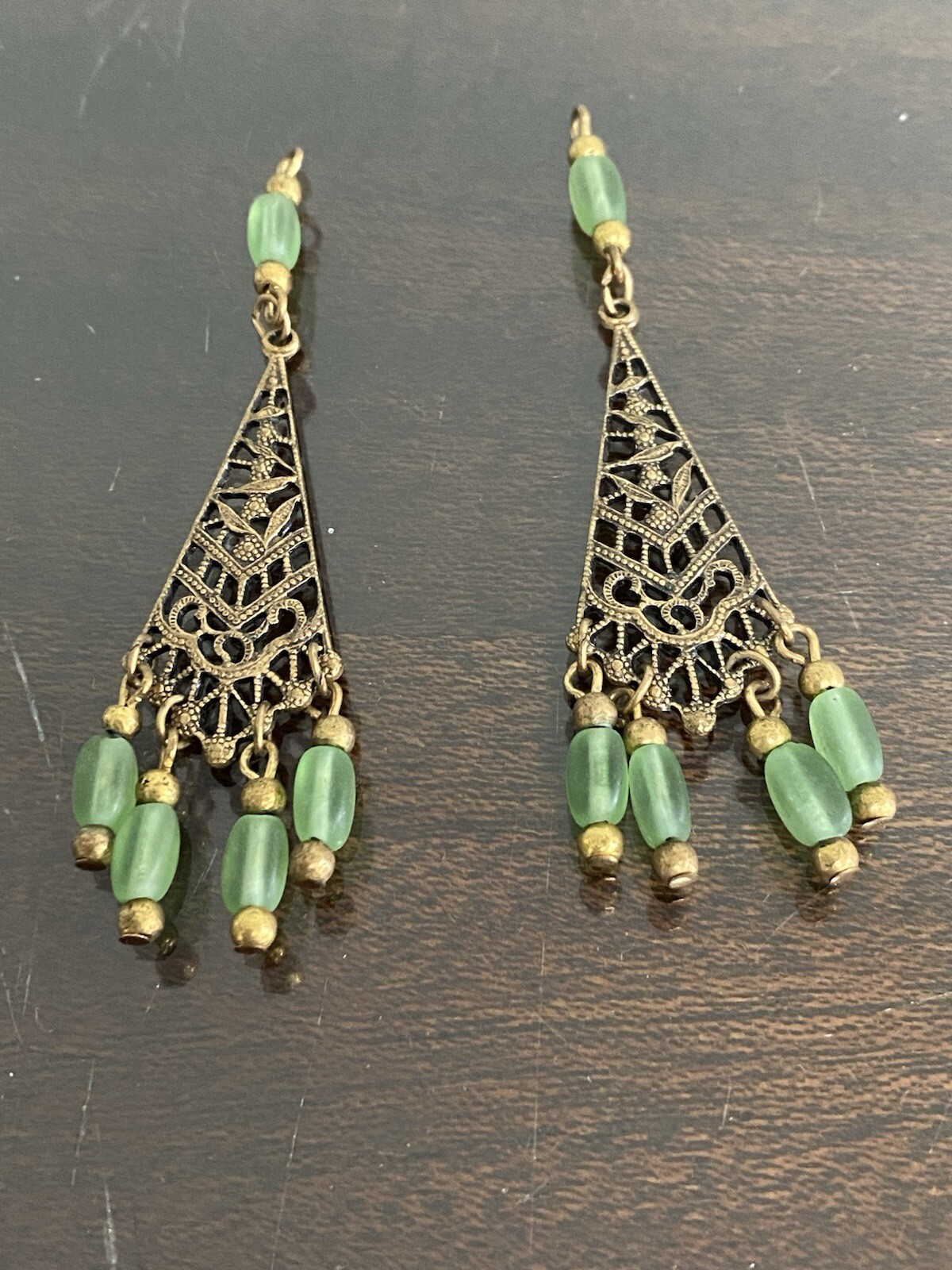 Vintage Long Chandelier Filigree Earrings Green and Gold Tone 1-3/4” in Length