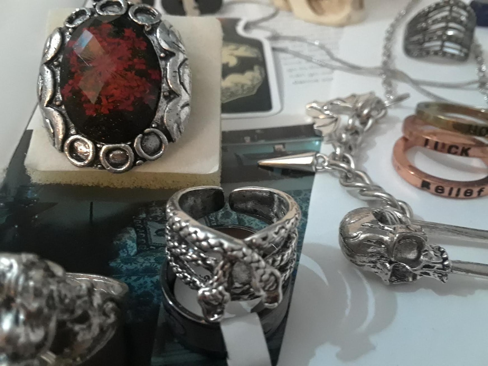 Punk, Goth, Emo, Mixed Jewelry Lot – Skull Safety pin & Red Pad lock necklace