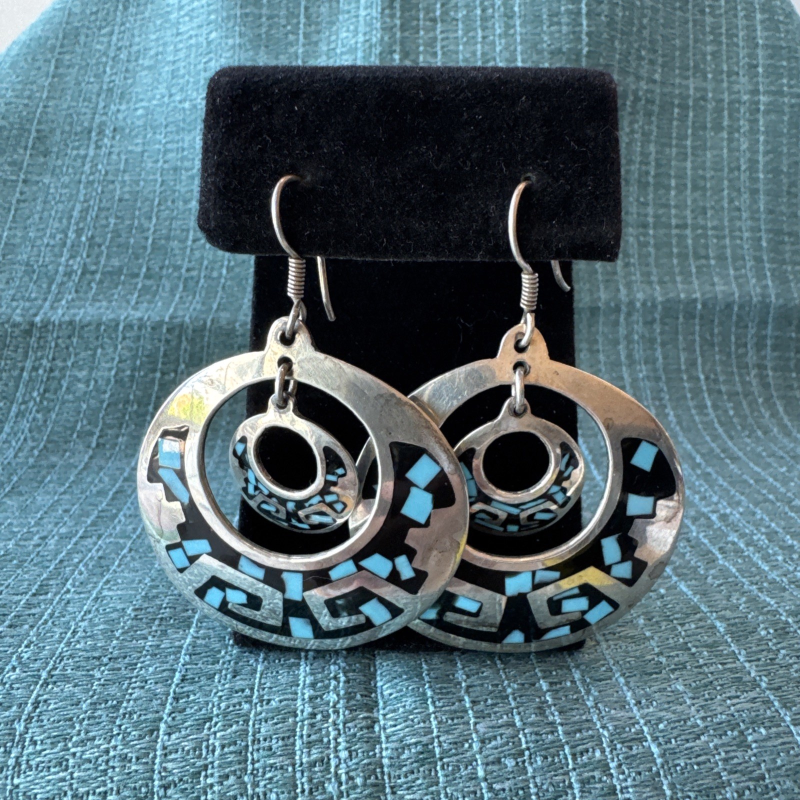 Vtg Mexican 925 Sterling Silver Turquoise Onyx Mosaic Hoop Earrings RM-177