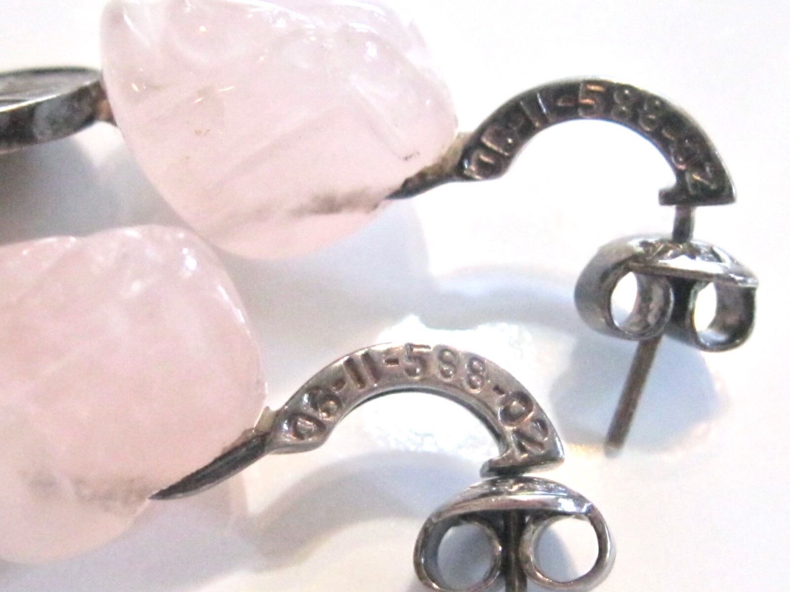 HANDMADE POST EARRINGS FLORAL CARVED ROSE QUARTZ COINS DIAMONDS MYSTERY NUMBER