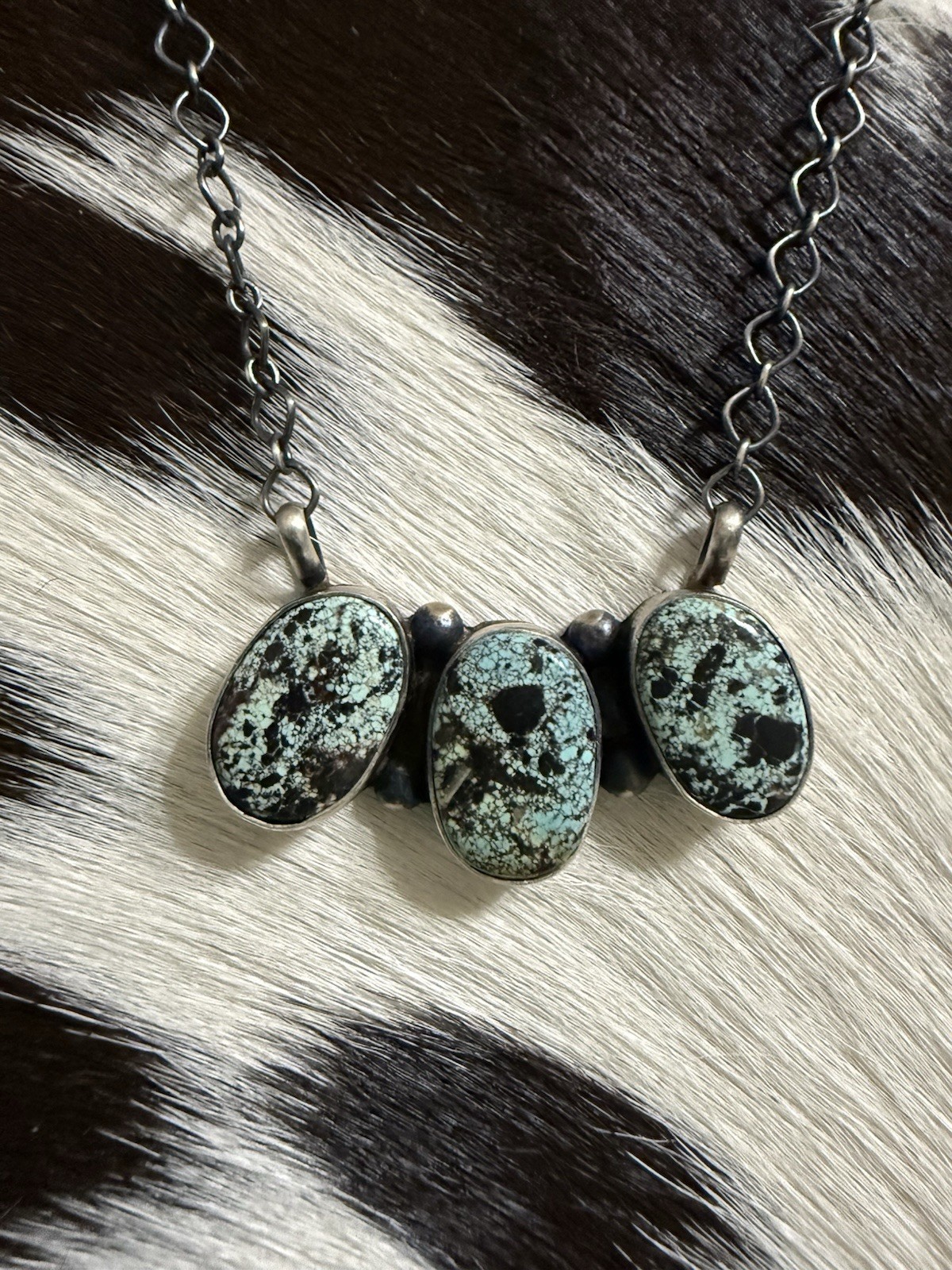 Navajo made blackjack turquoise 3 stone bar necklace