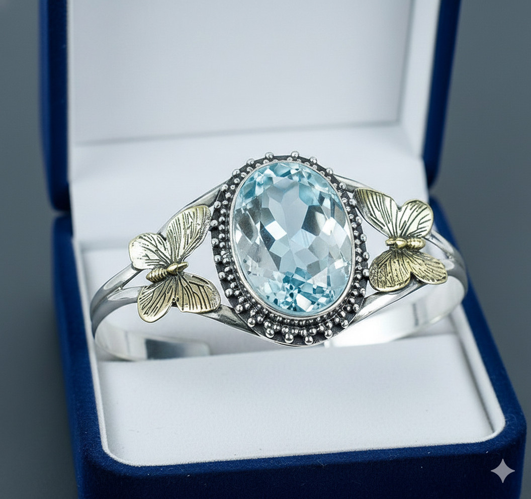 925 Sterling Silver Aquamarine Gemstone Handmade Jewelry Cuff Bracelet-ADJ