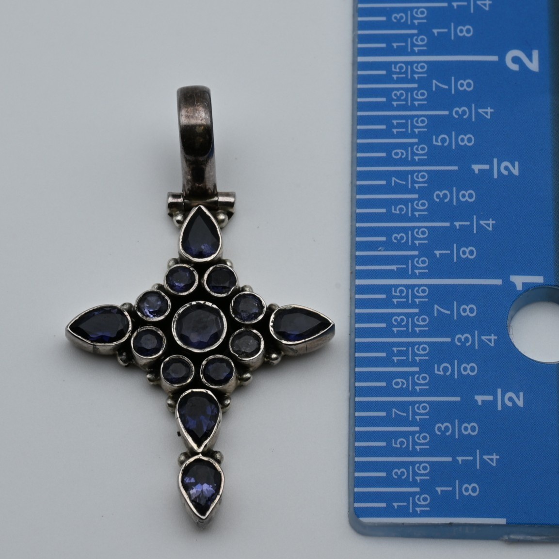 Sterling Silver Iolite Purple Gemstone Cross Pendant 925 Gothic Cluster Charm