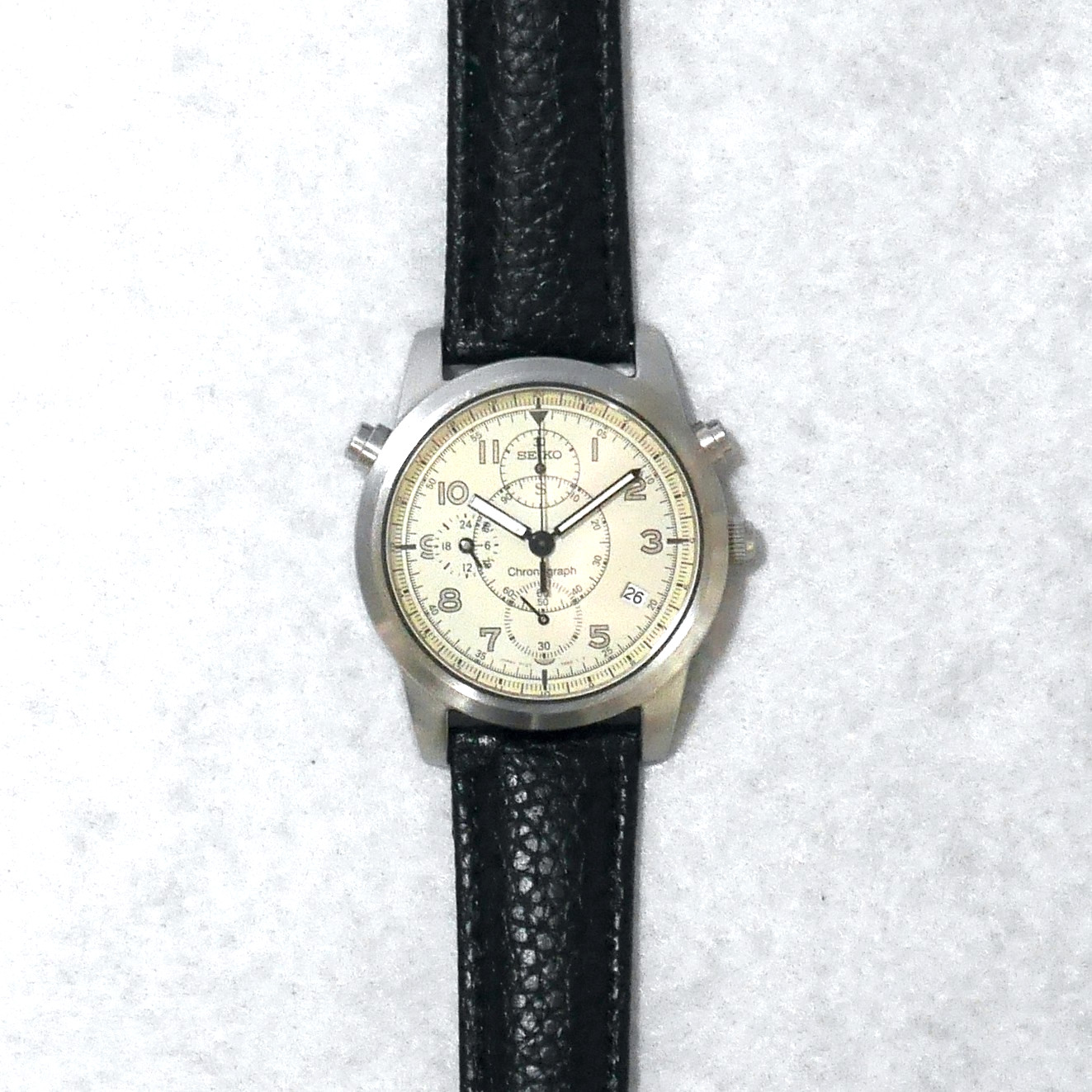 SEIKO SUS Military Watch 7T27 1995 White Pilot Chronograph Date indicator Japan