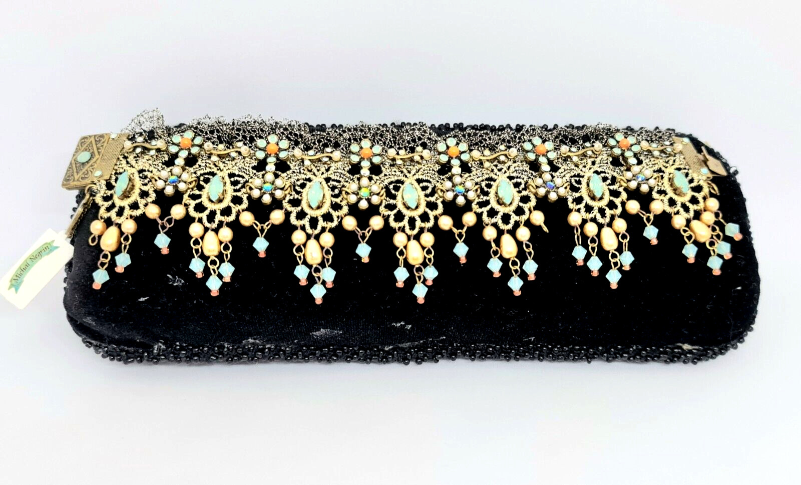 Lovely Michal Negrin Fabric Lace Bracelet Crystal Flowers Unique.