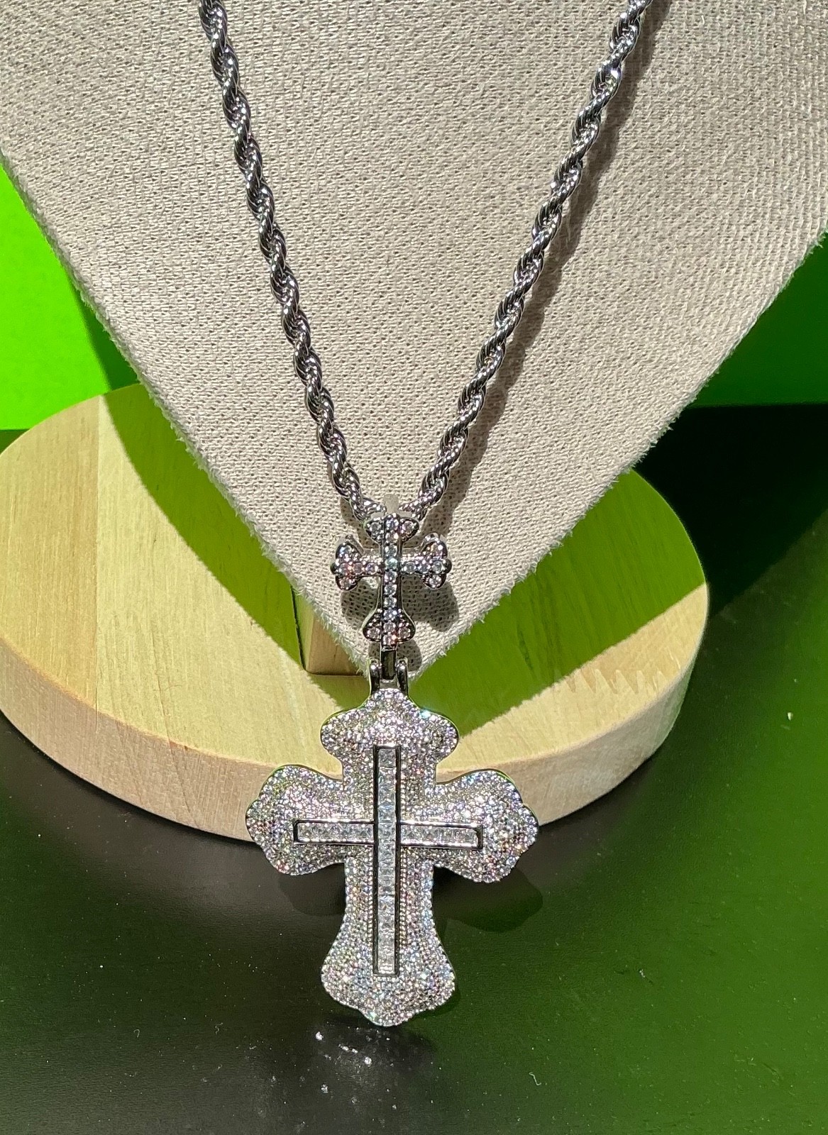 New Men Women White Gold Tone Cross CZ Chain Necklace Hip Hop Rap Fire Bling