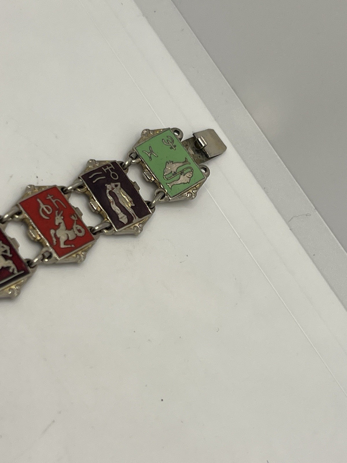 Zodiac astrology signs colorful enamel silver tone chain vintage bracelet