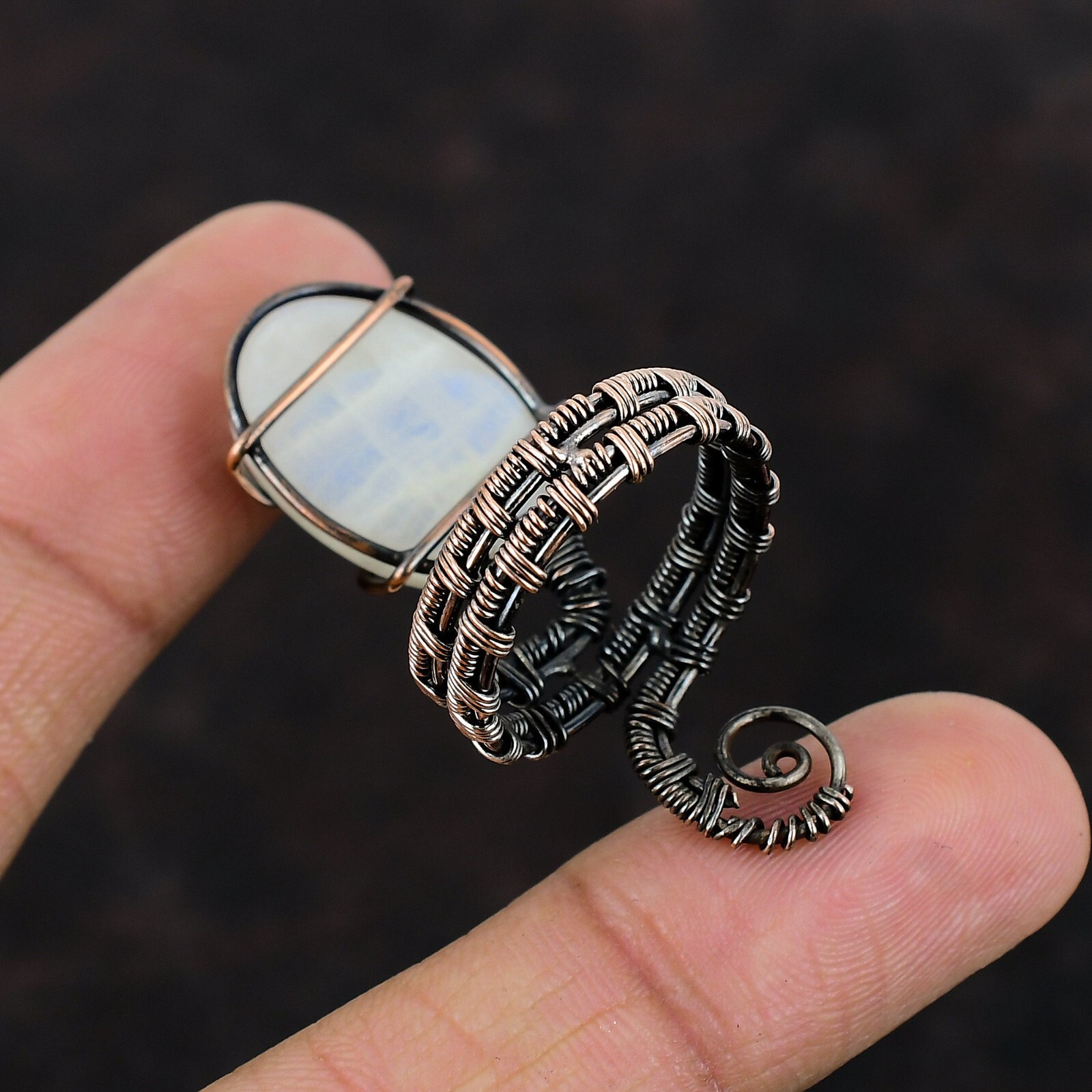 Rainbow Moonstone Copper Gift For Friend Wire Wrapped Promise Adjustable Ring