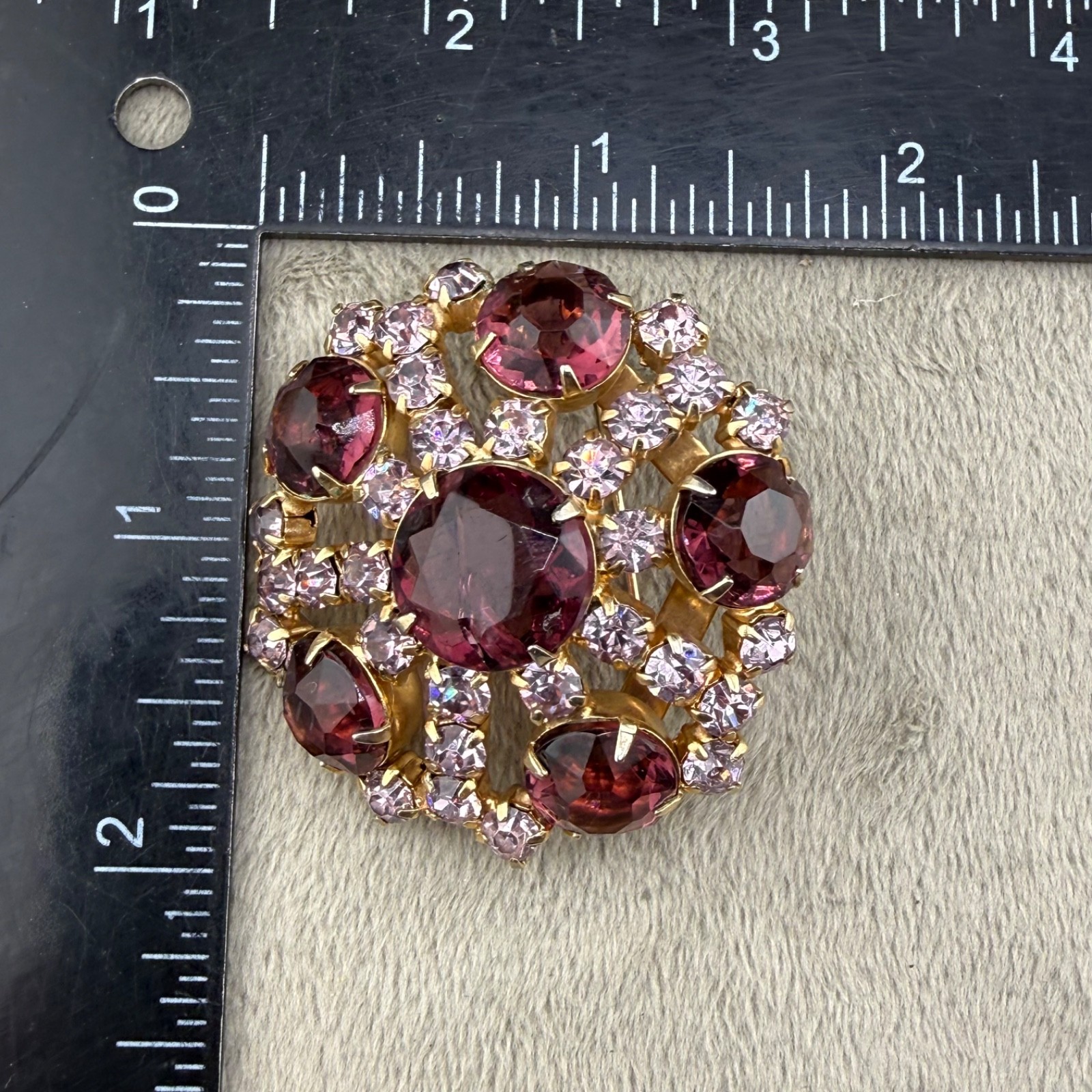 Vintage Purple Rhinestone Brooch Gold Tone Flawless Sparkle