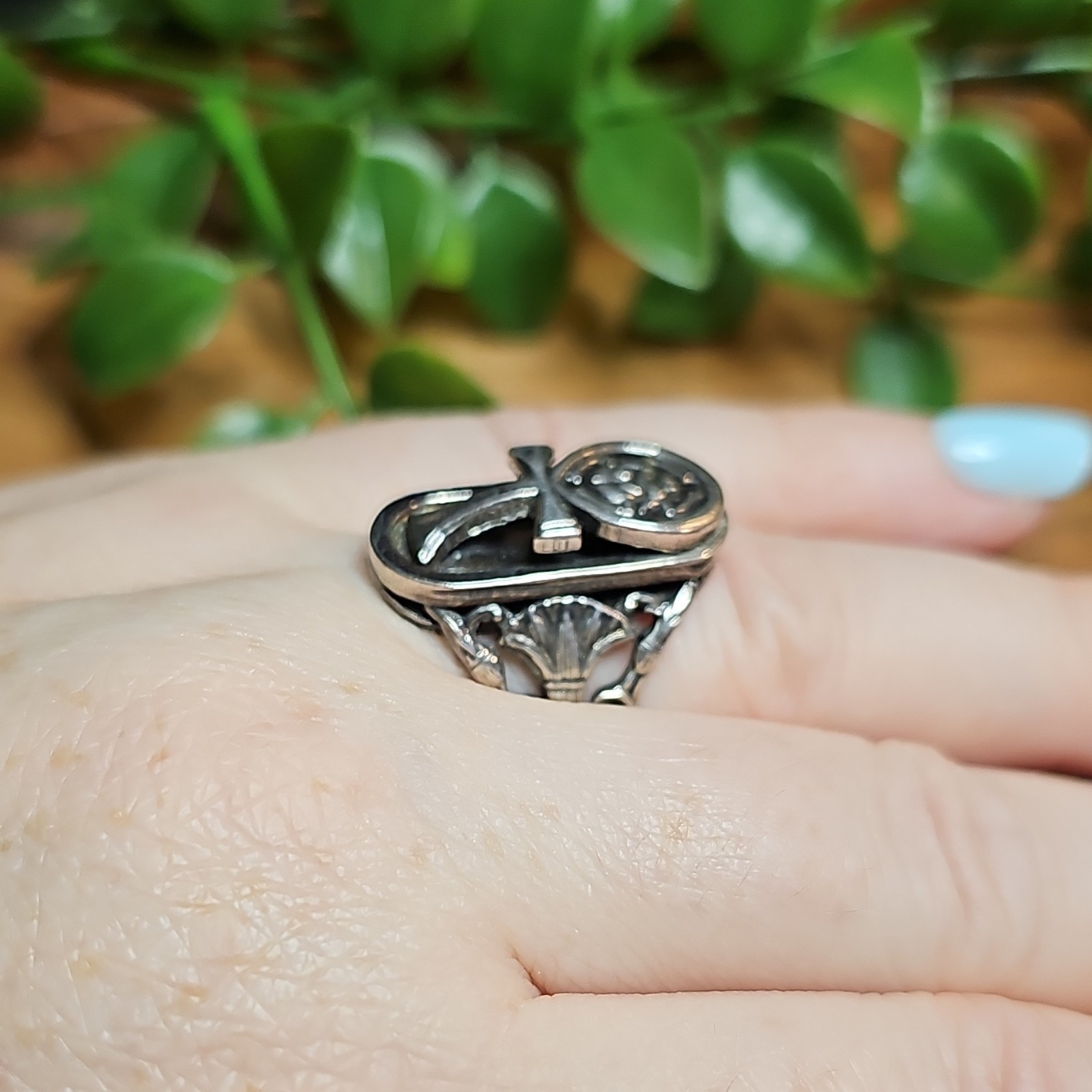 Sterling Silver Scarab Ankh Ring Egyptian Mythology Filigree Statement Sz 6.5