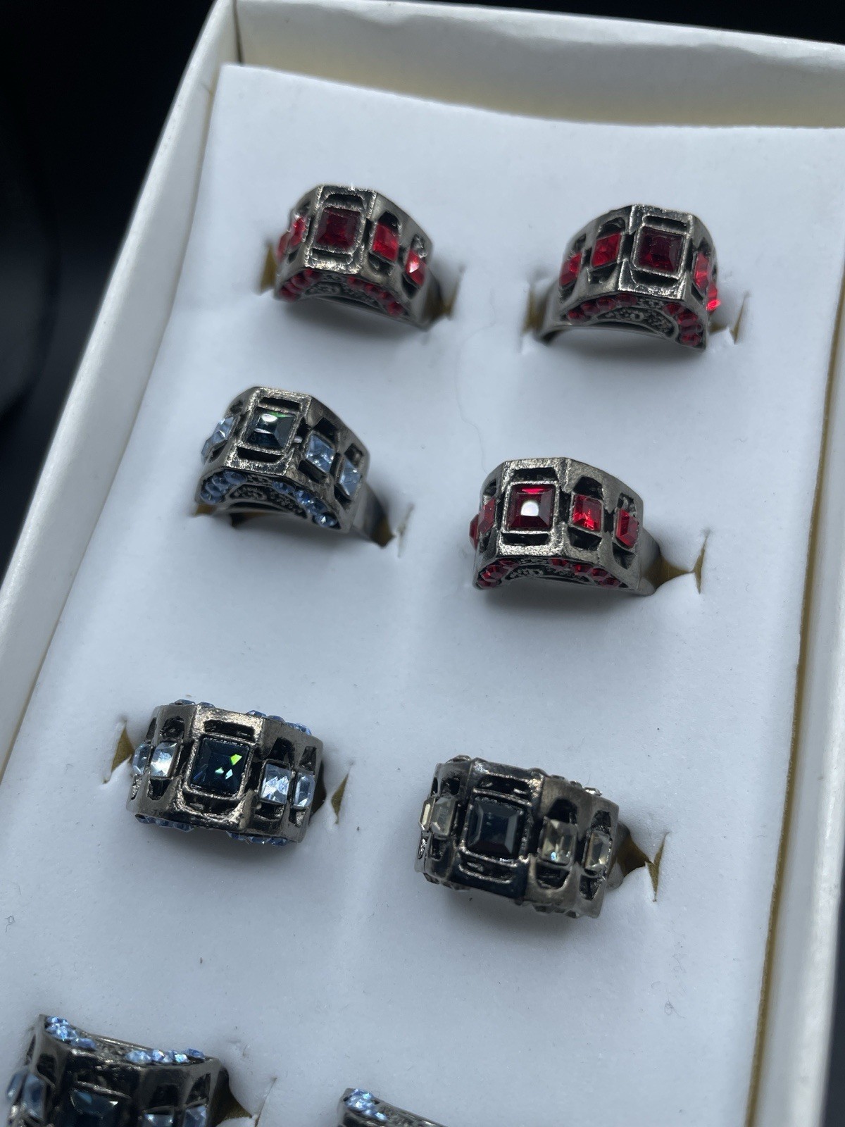 Vintage Rhinestone Ring Lot of 12 Silver Tone Adjustable Red Blue Black