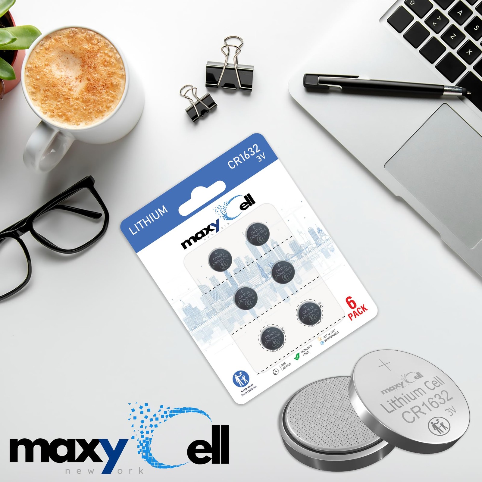 MaxyCell CR1632 Lithium Coin Cell Battery 3V High-Capacity 6 Pack