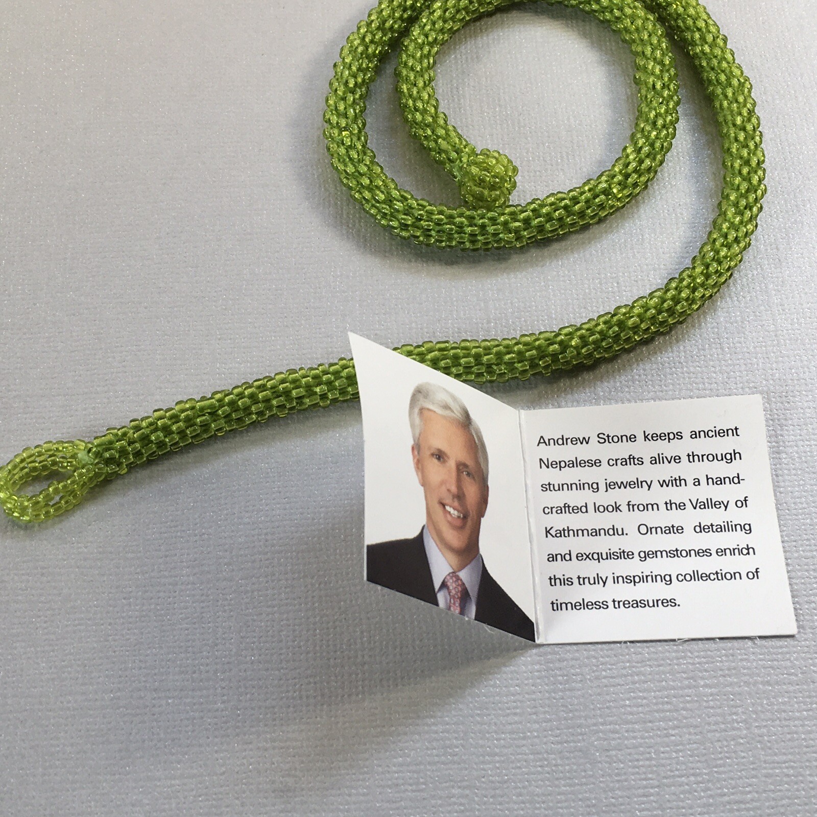 Himalayan Gems Andrew Stone Lime Green Glass Seed Bead Rope 20″ Necklace Nepal