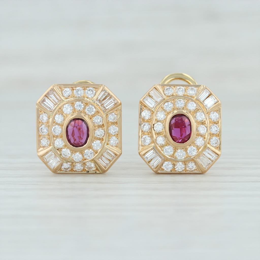 2.30ctw Ruby Diamond Halo Earrings 18k Yellow Gold Pierced Omega Backs