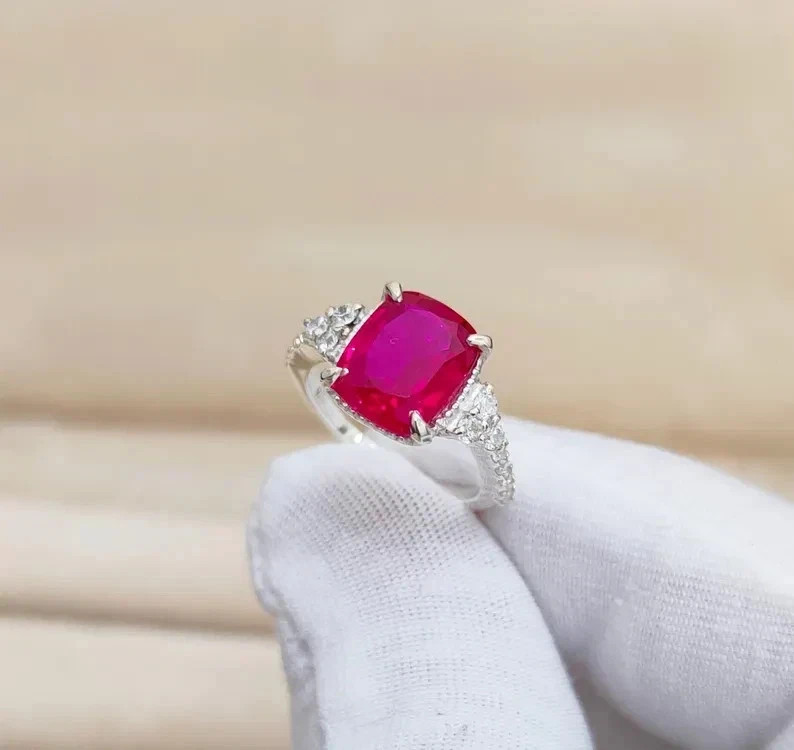 4.80Ct Cushion Cut Natural Red Ruby & Diamond 14K White Gold Engagement Ring
