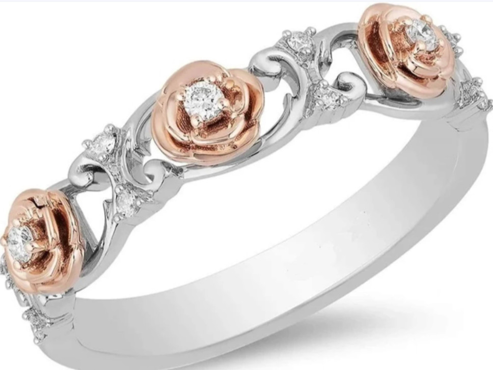 Enchanted Disney Belle Eternity Antique Two Tone Engagement Ring In 925 Silver