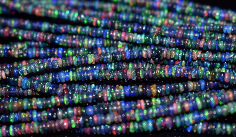 AAA Welo Fire Opal Beads: Ethiopian Black Multi Fire Opal Rondelles (3-5mm) 16′