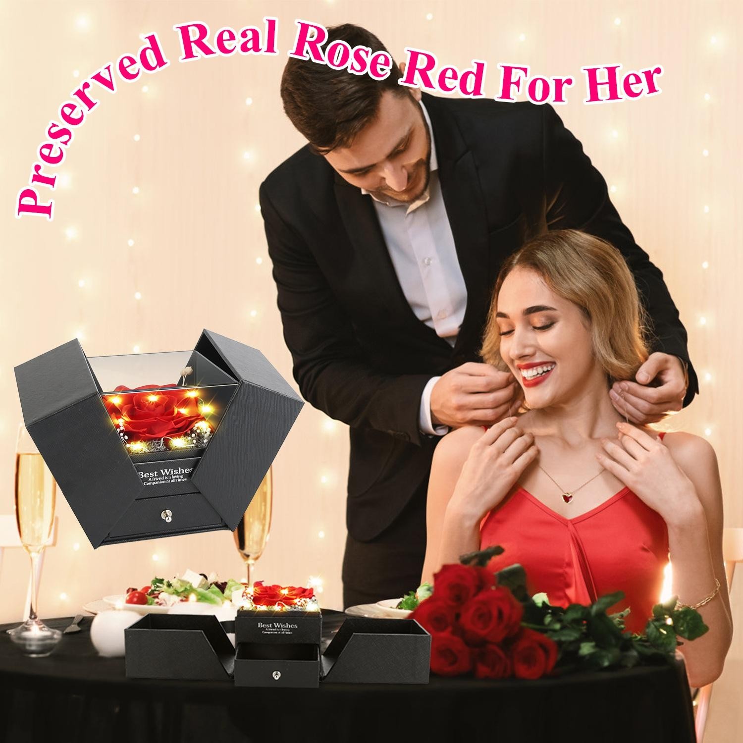 Preserved Red Real Rose w/ Heart Necklace Eternal Flowers w/ Golden