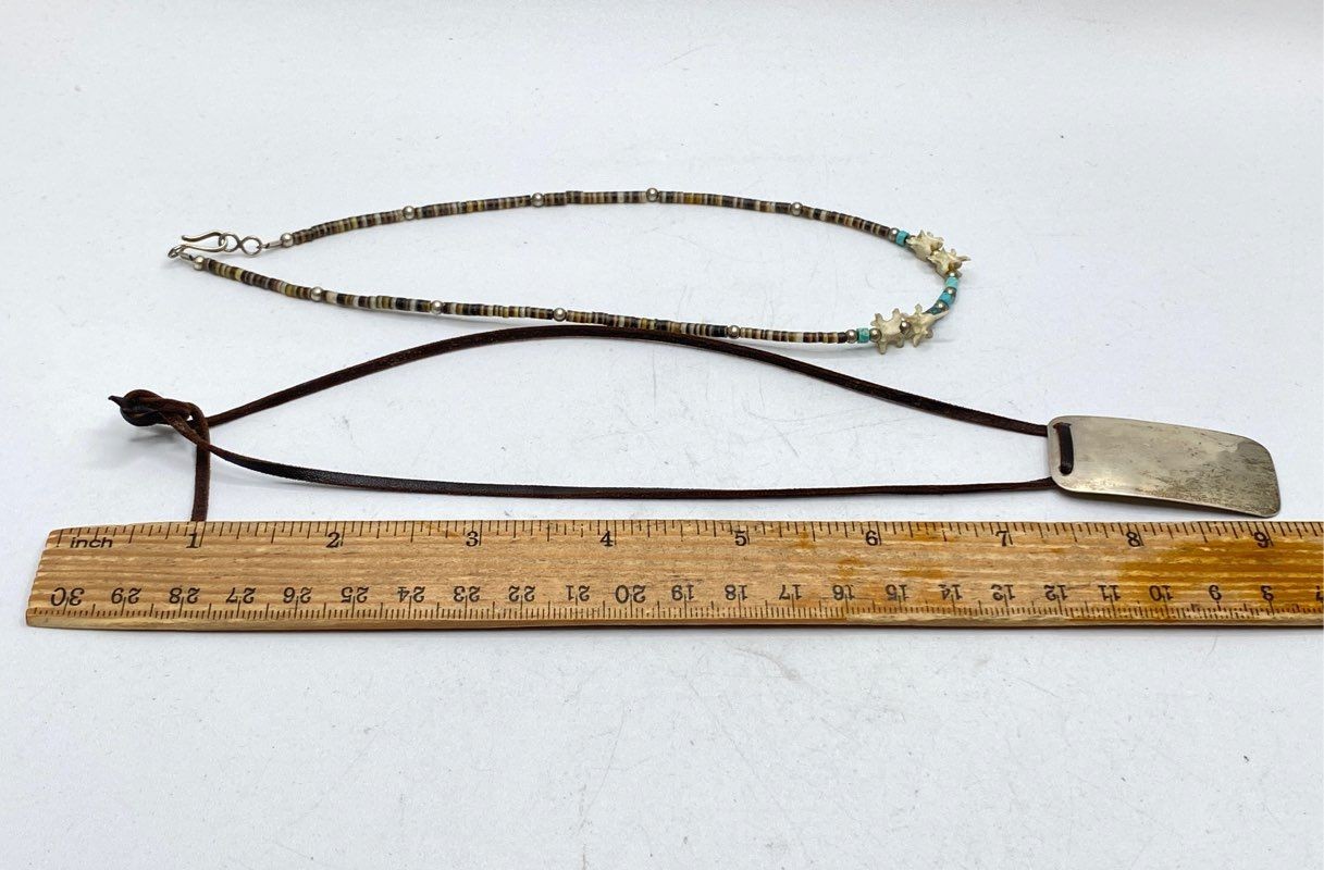 925 Sterling Silver Dog Tag & Southwestern Bone Turquoise Necklace Lot 10.7g