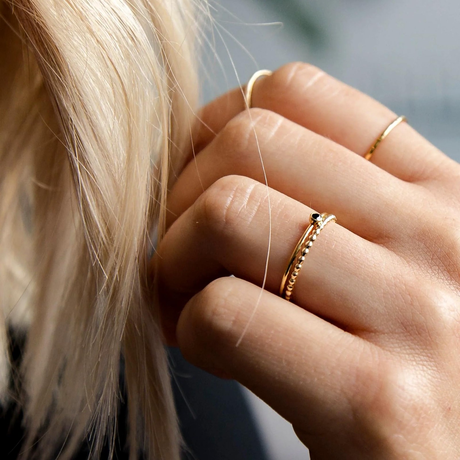Gold Stackable Rings Thin Band Dainty Women Trendy Beaded Twist 14K Plated