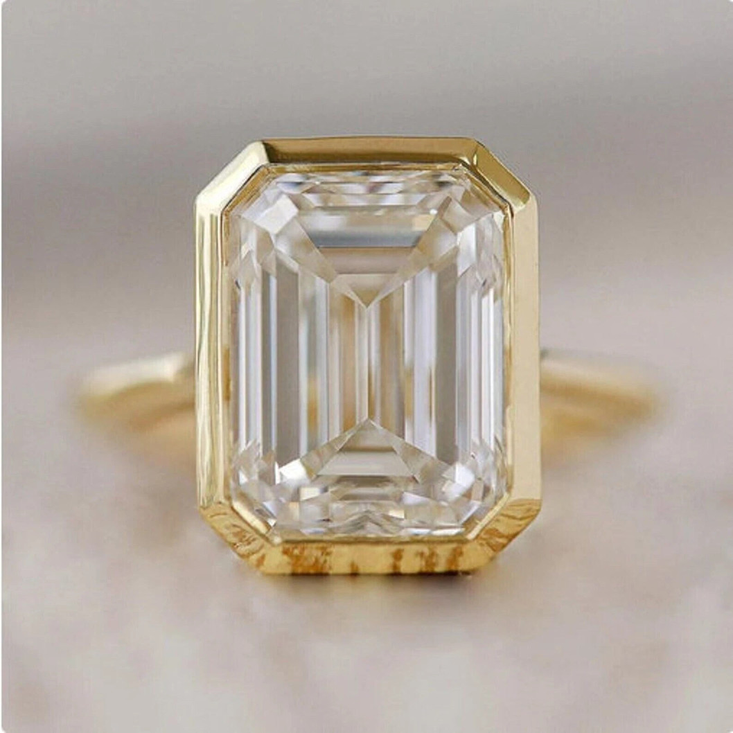 2.50 CTW 14K Yellow Gold Plated Emerald Cut Moissanite Bezel Set Engagement Ring