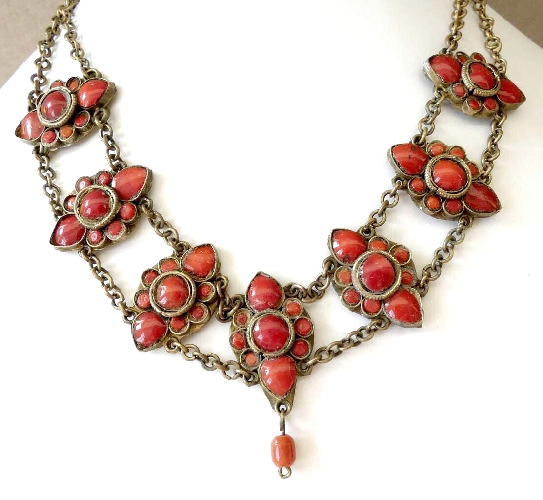 Antique African Berber tribal brass necklace set with red glass Length: 40 cm.