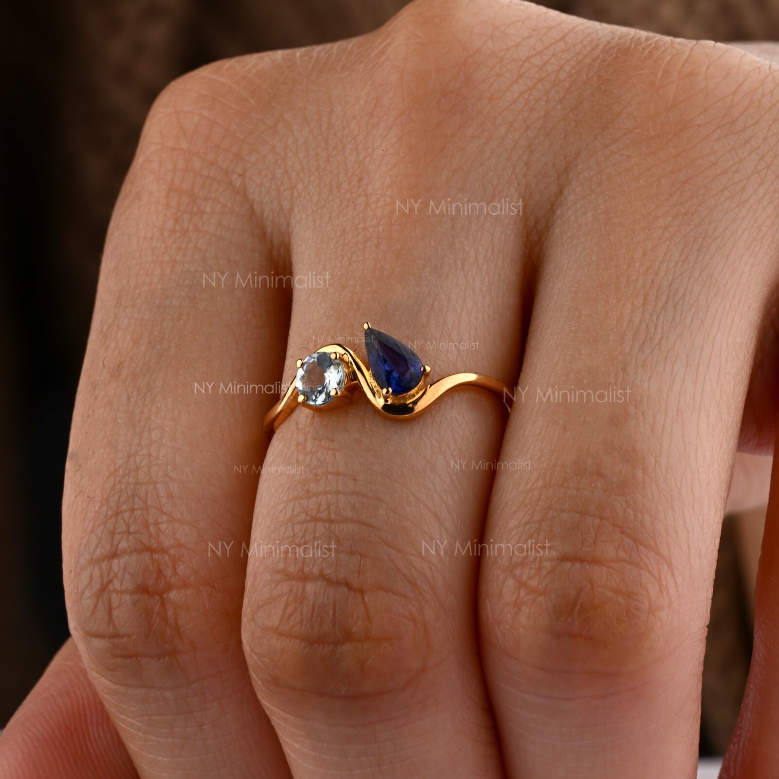 Natural Diffused Pear Blue Sapphire & Round Aquamarine 14K Gold Wave Band Ring