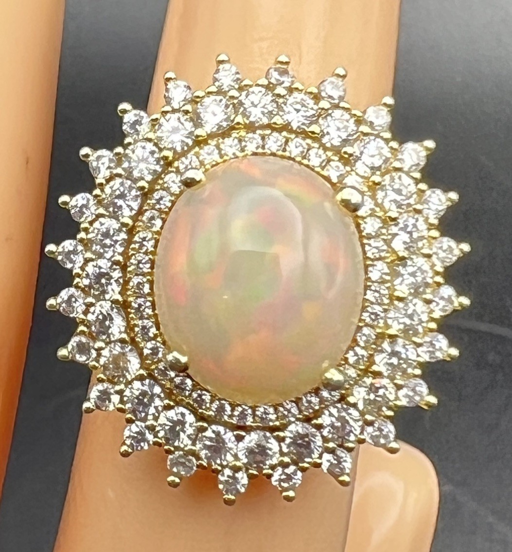 Opal and Cubic Zirconia GP Sterling Silver Ring – sz 5 – TW 6.8 gr – Item #1046