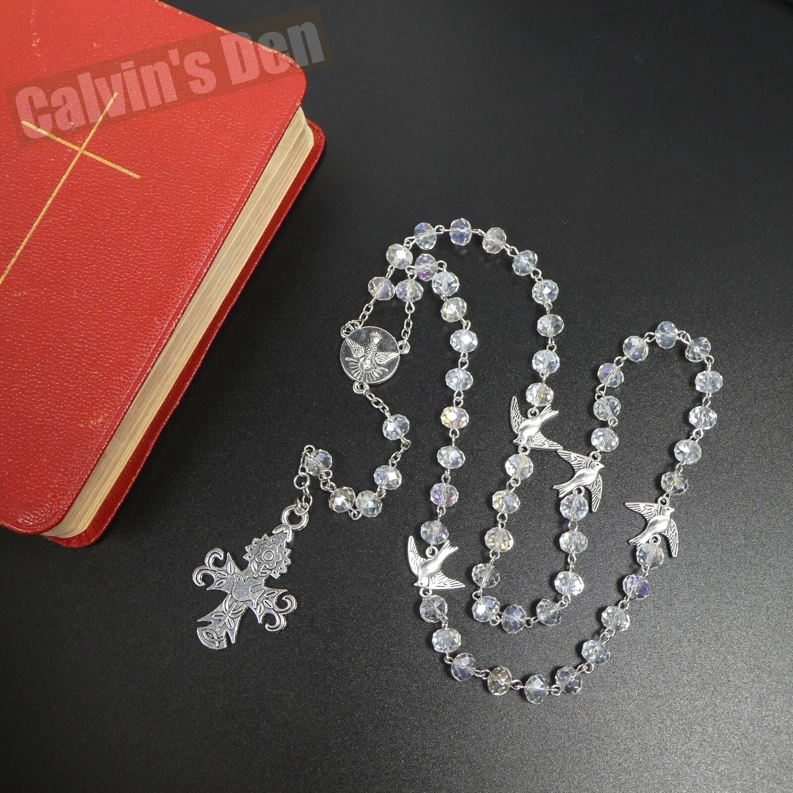 Holy Spirit Dove AB Clear Crystal Bead Cross Rosary Necklace Men Women Gift