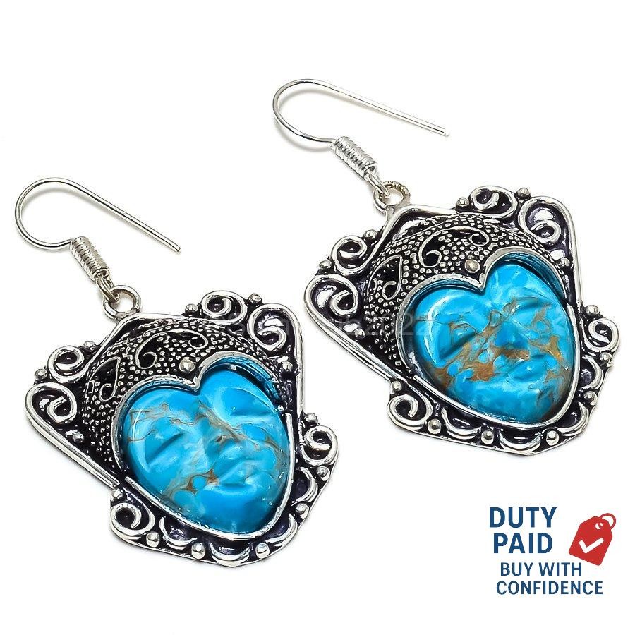 Genuine Copper Larimar Channel Set Birthday Drop Hook Earrings Sterling Silver