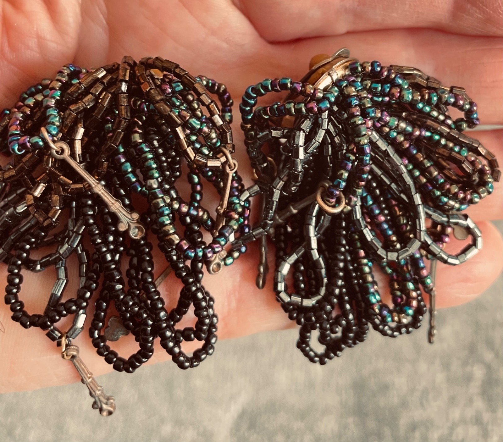VTG 80s Glass Seed Bead Clip Earrings Brooch Metallic Iridescent Pom Pom Fringe