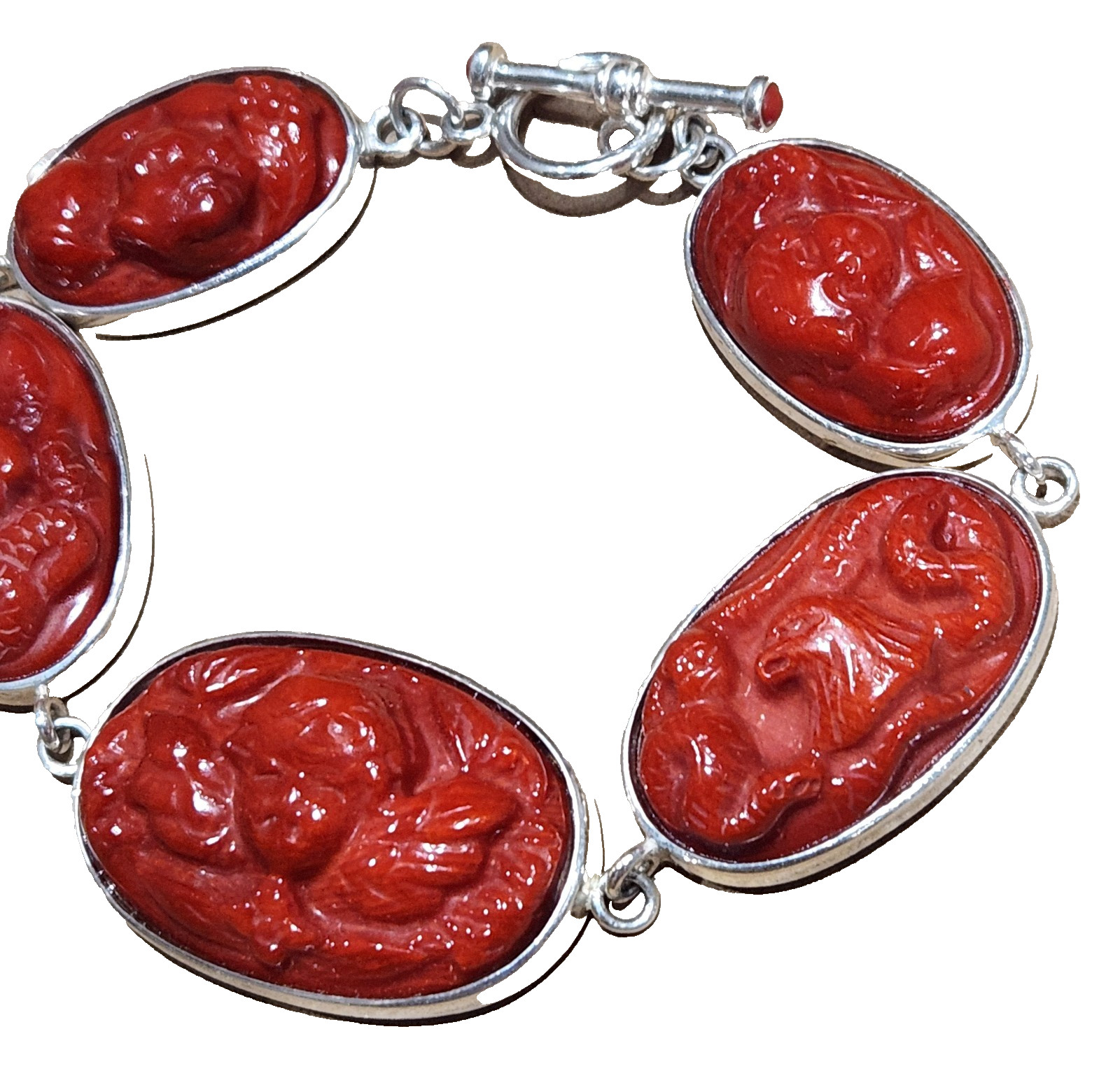 Carved Deep Red Coral Cherub ANGEL Link 5 Panel Sterling Silver Toggle Bracelet
