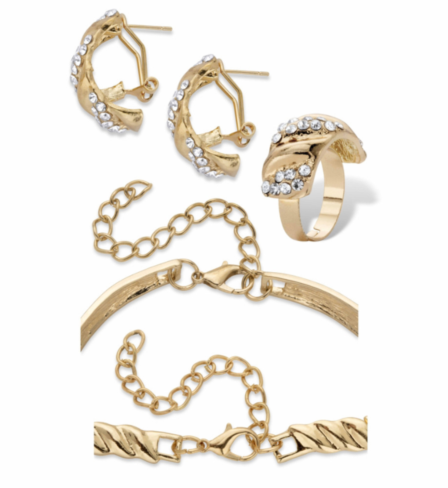 CRYSTAL GOLDTONE CIRCLE S LINK NECKLACE EARRING AND RING SET