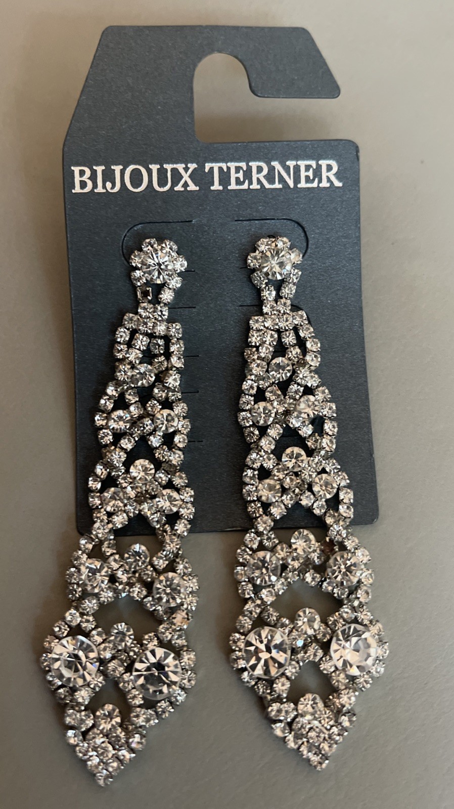 Vintage Bijoux Terner Rhinestone Dangle Drop Post Earrings Silver Tone Bling NIP