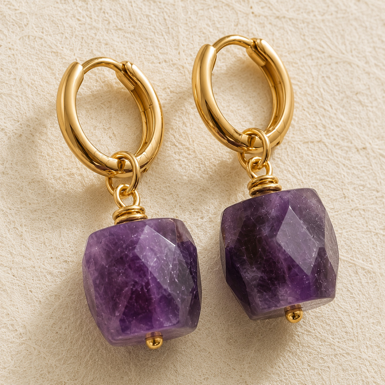 Natural Amethyst Cube Drop Earrings | 18K Gold Plated | Peace & Intuition | Boho