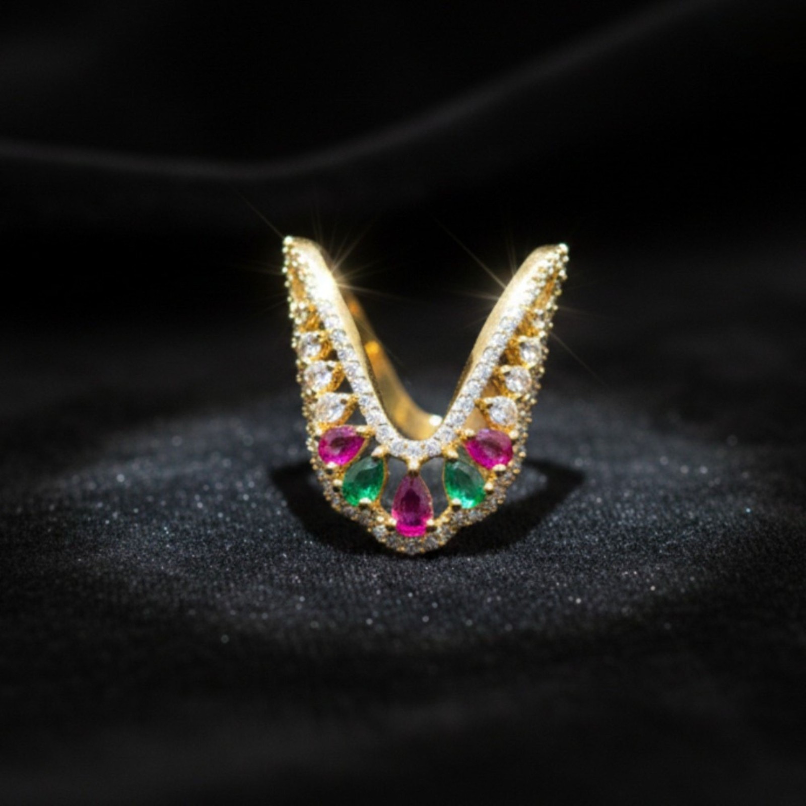 Gold Plated V-Shape Mangalyam Ring: South Indian CZ Wedding Band
