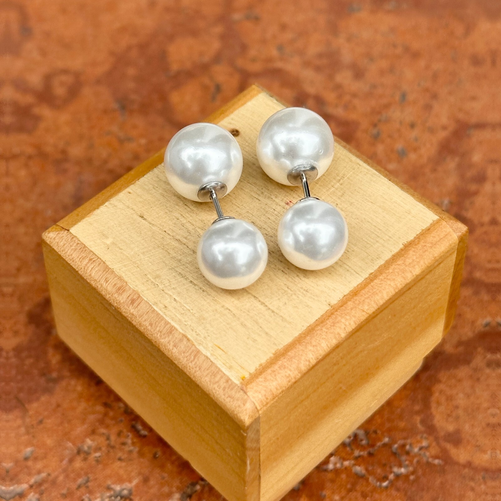 Sterling Silver Double-Ended White Double Pearl Ball Stud Earrings NEW